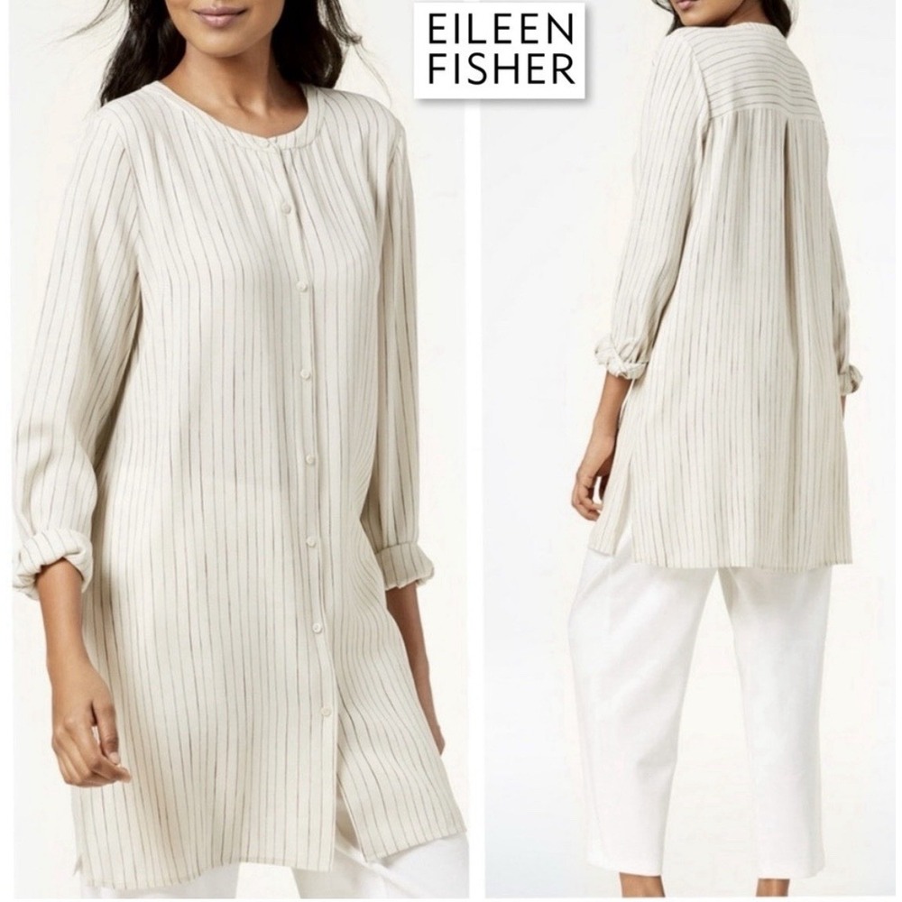 Eileen Fisher Cream & Black Painterly Stripe Silk Tunic Lagenlook Quiet Luxury